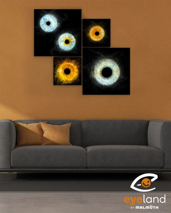 Wall art, 4 tableaux d'iris installé au mur dans un salon moderne